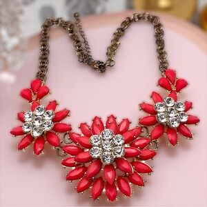 Large Coral Lucite and Rhinestone Flowers Statement Necklace